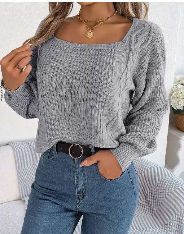 "Square collar cable-knit sweater for women, a fashionable acrylic pullover top."