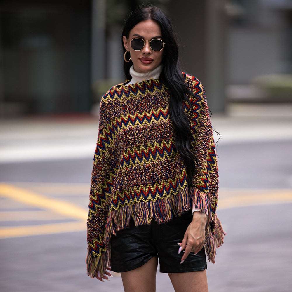 "V-neck cloak-style twill plaid tassel pullover shawl women's knitwear sweater"