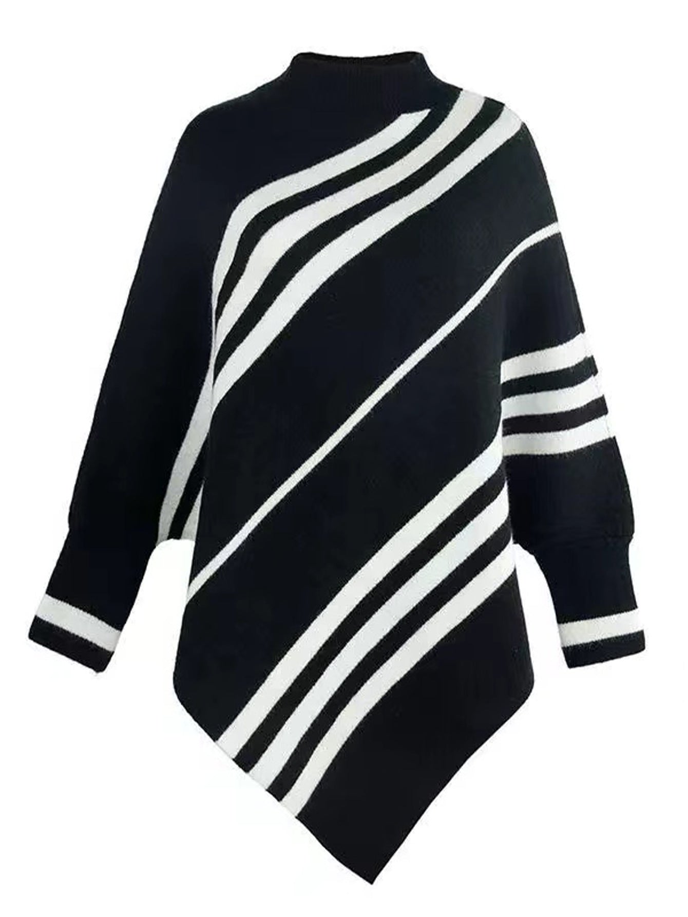 Striped cashmere cape sweater for women with batwing sleeves and a half-turtleneck