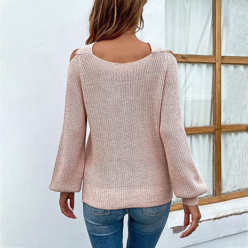 Women's knitted fashion sweater with a crossover neckline and lantern sleeves