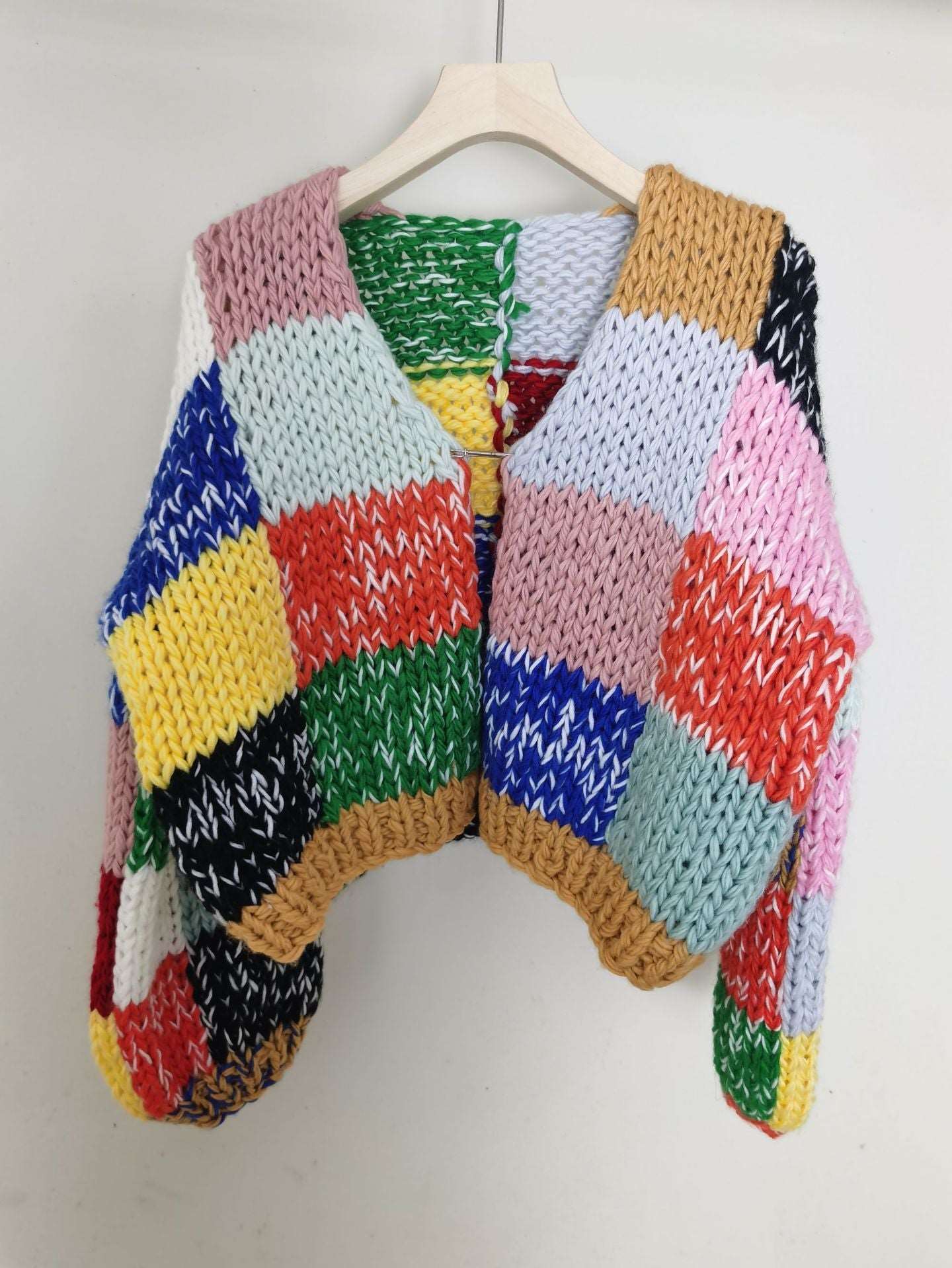 "Women's retro handmade rainbow plaid cardigan sweater."