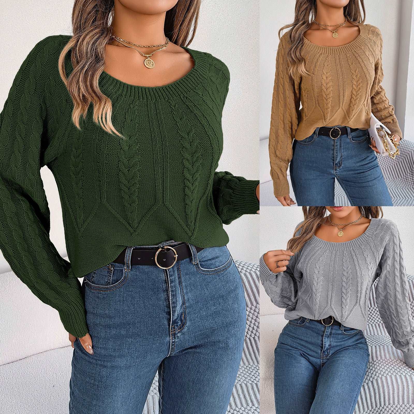 Leisure solid colour twist long sleeve knitted sweater for women's