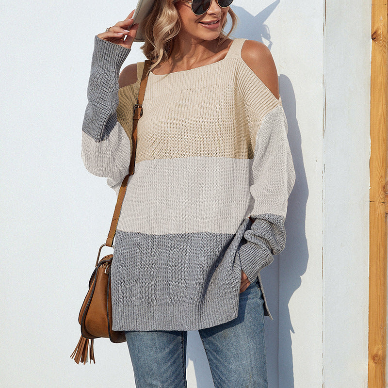 Contrast color women's off-the-shoulder sweater