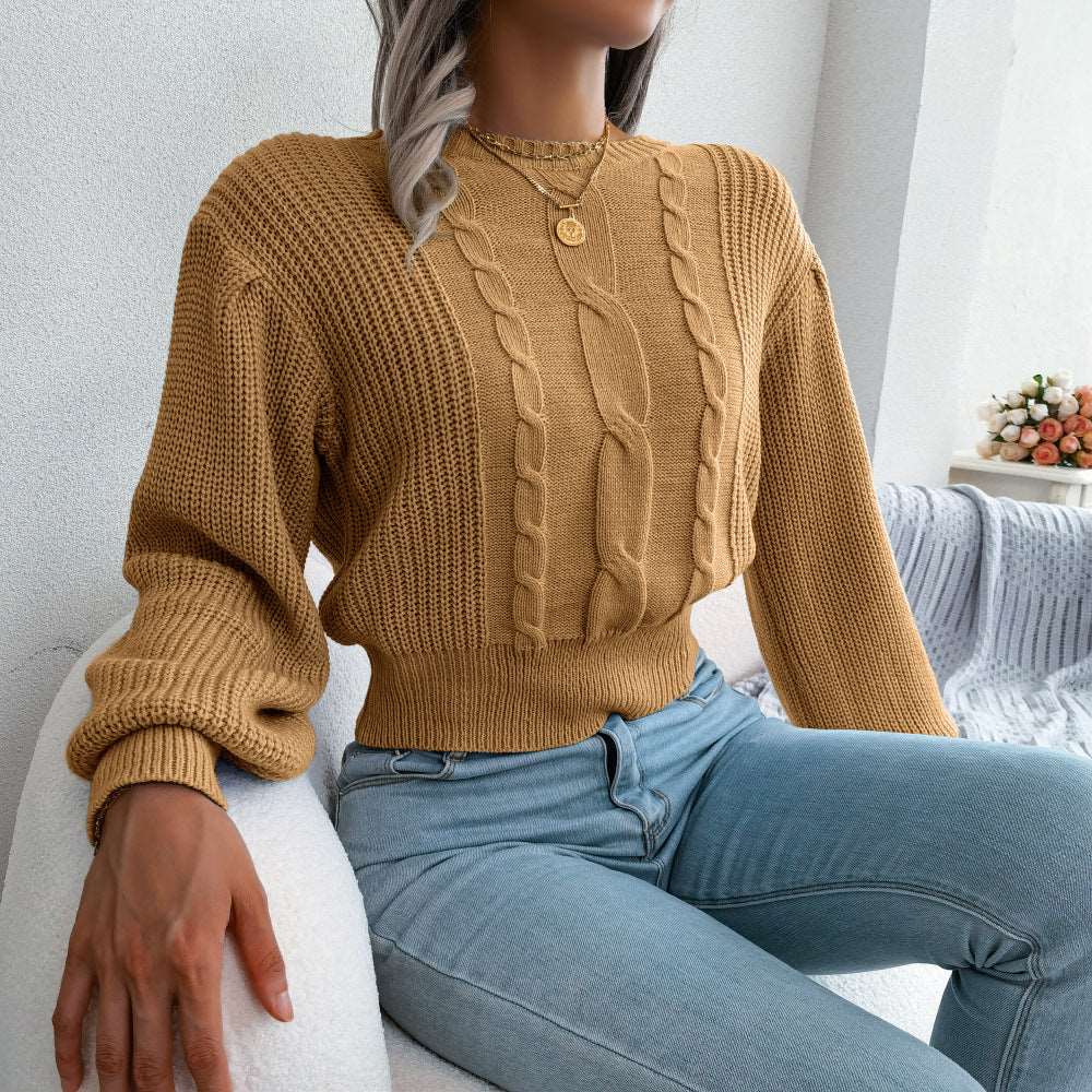 Leisure twist lantern sleeve knitted sweater with waist trimming for women