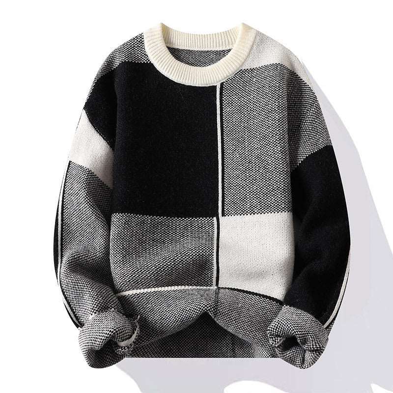 Men's thickened knitted sweater with a round neck, square pattern, and long sleeves