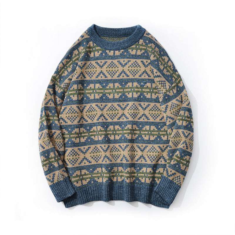 Men's loose knitted sweater featuring geometric pattern trend