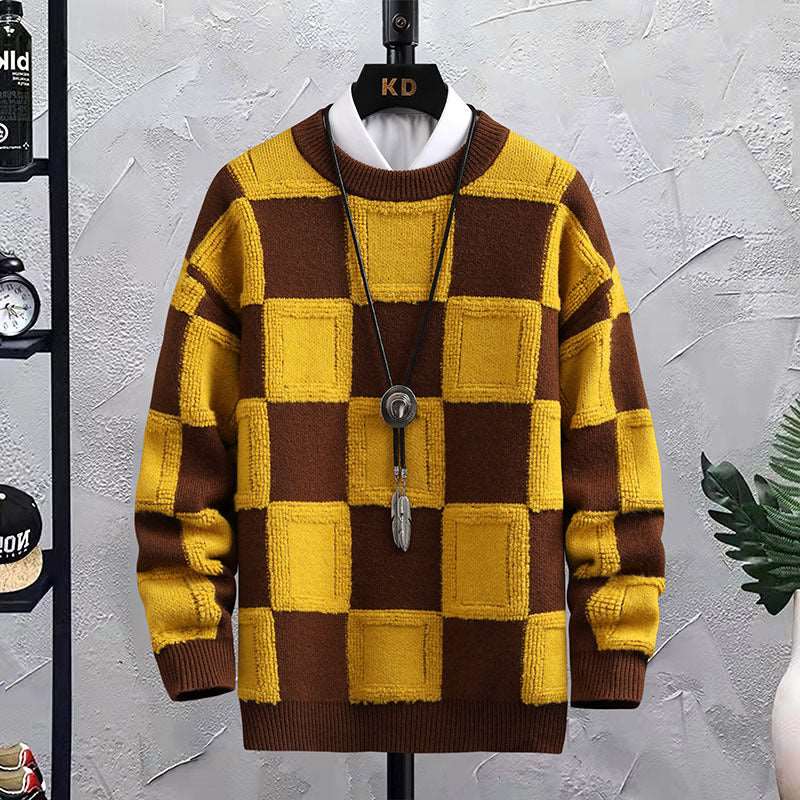 Men's trendy loose plaid round neck sweater