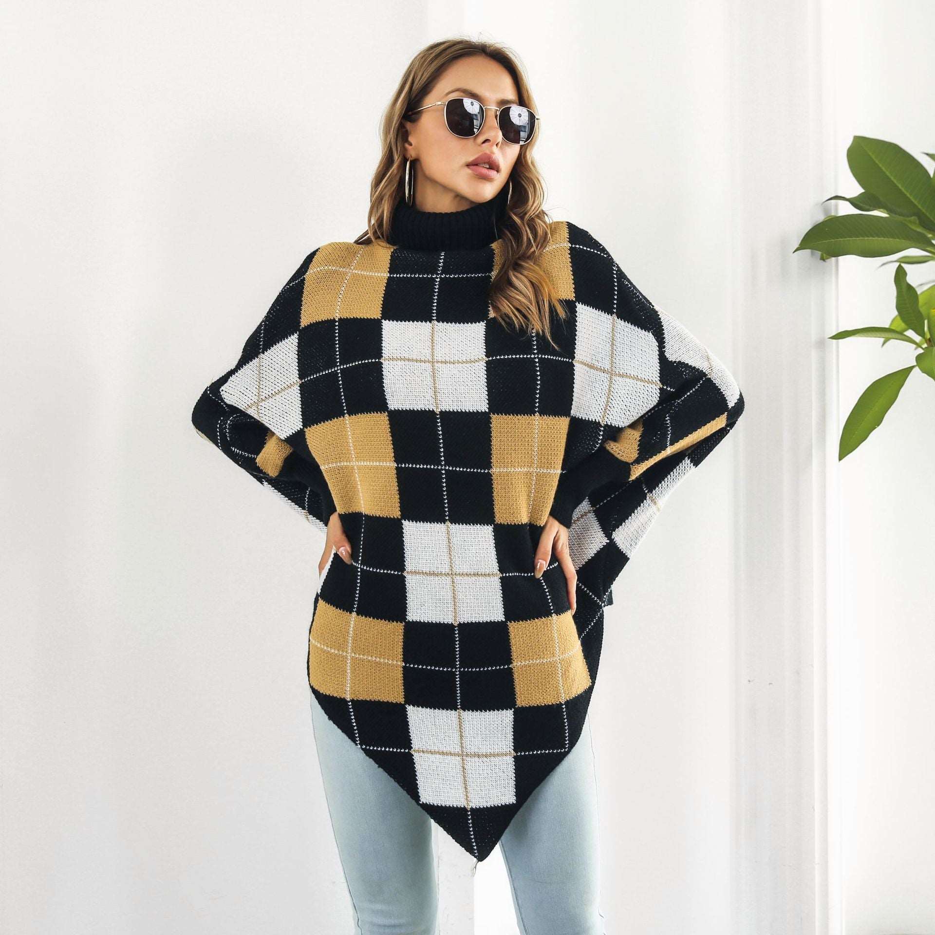 Women's mid-length knitted plaid jacquard cape sweater coat