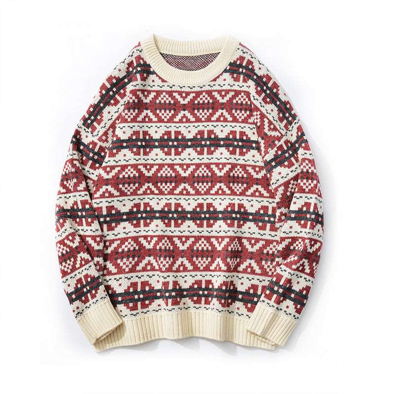 "Men's loose knitted sweater featuring geometric pattern trend."