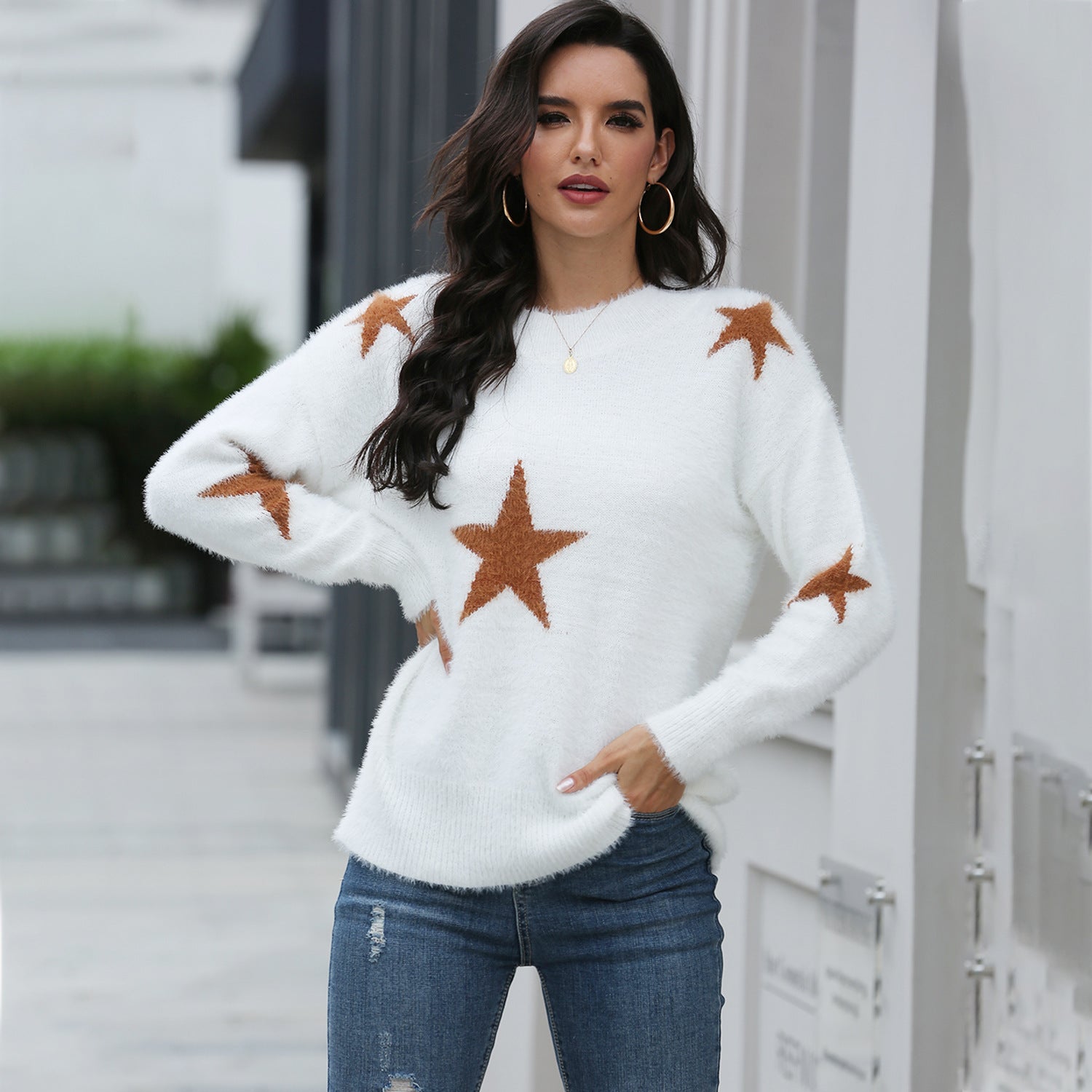 Women's knitted casual sweater with stars