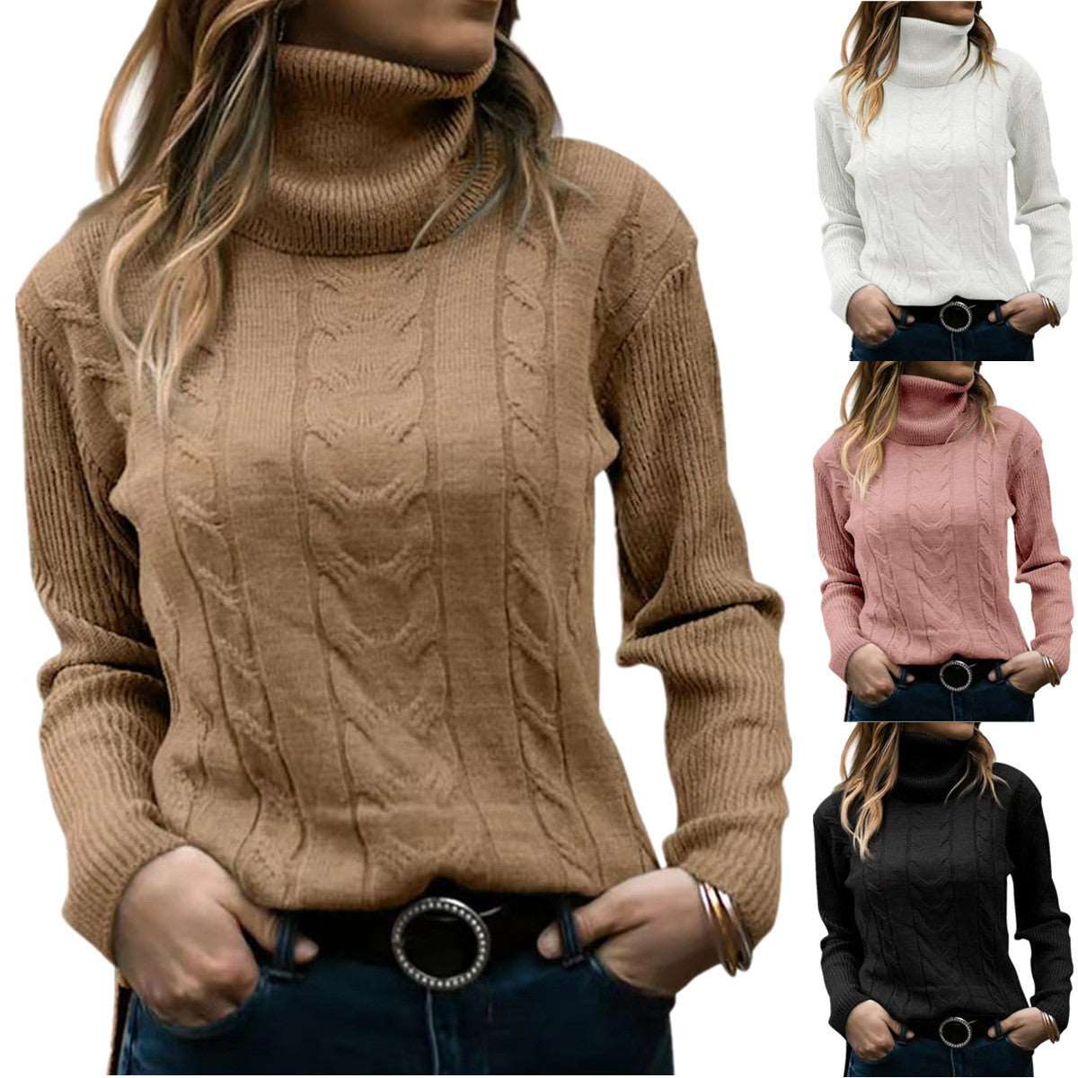 "Women's retro turtleneck sweater with solid color and long sleeves."