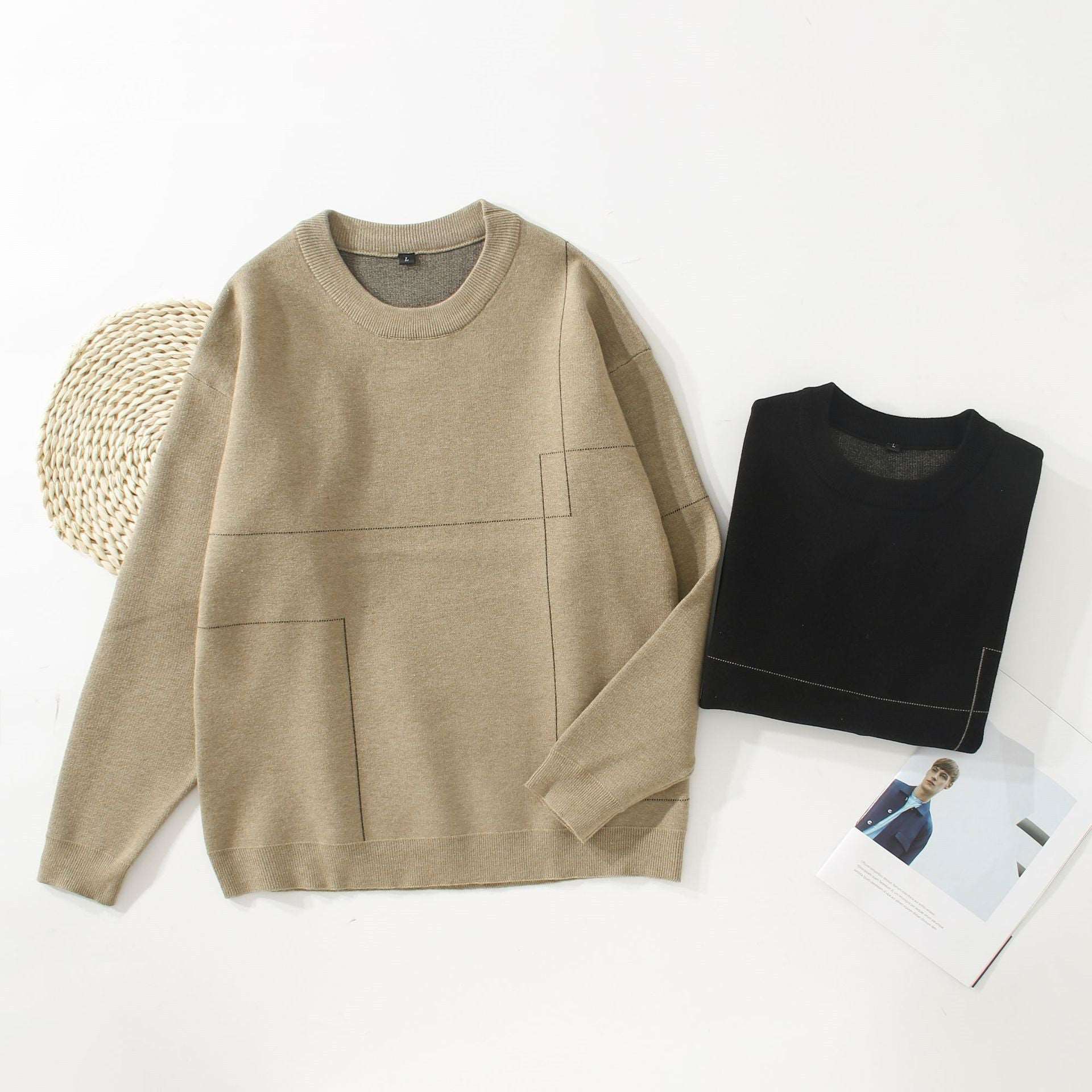 "Men's round neck long sleeve sweater featuring irregular lines, a fashion-forward choice."