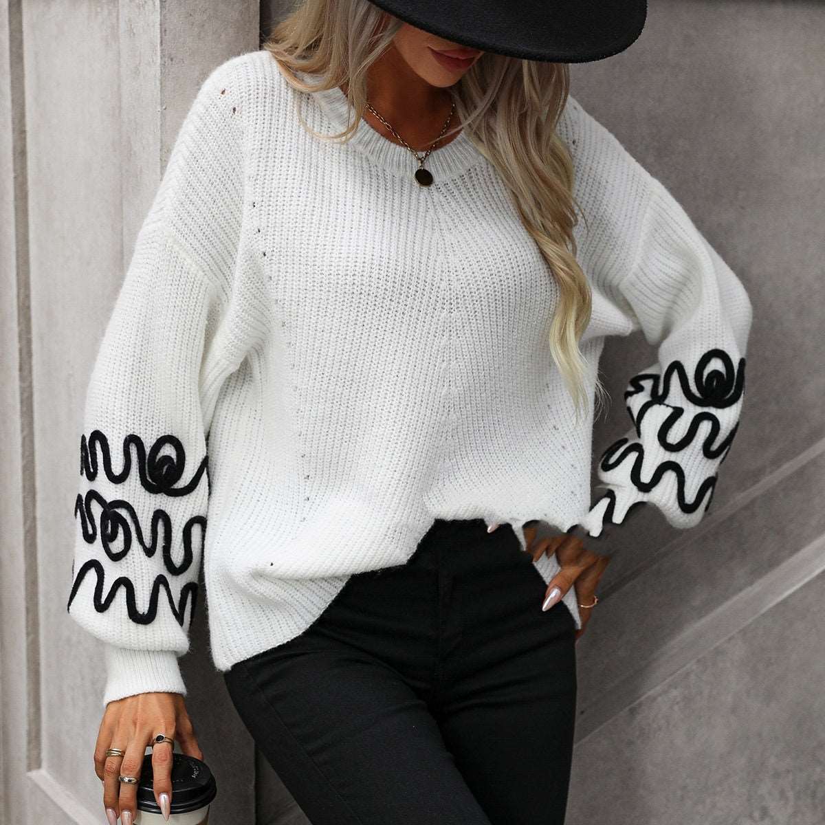 "Women's knitwear solid color pattern sweater."