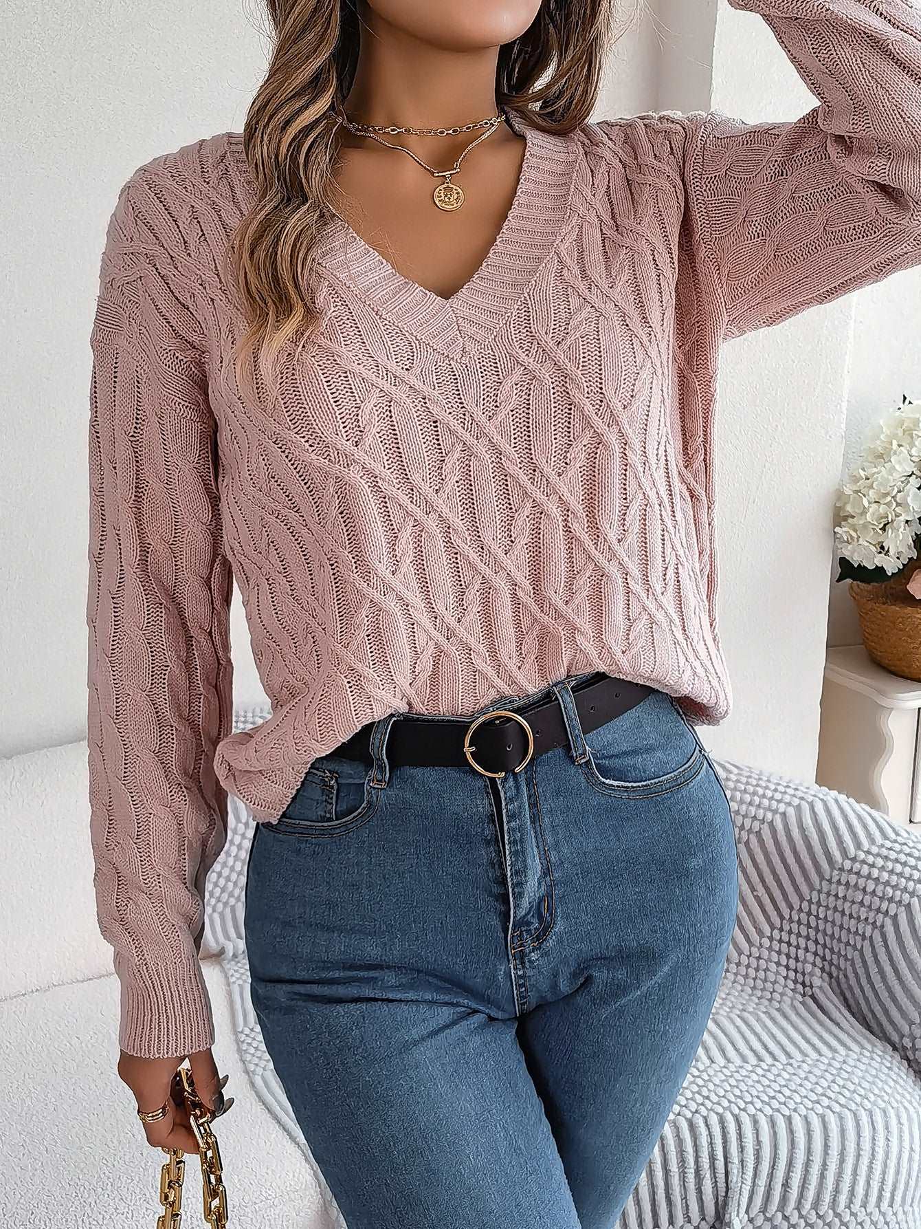 "Women's fashion casual solid color twist long sleeve turtleneck sweater."