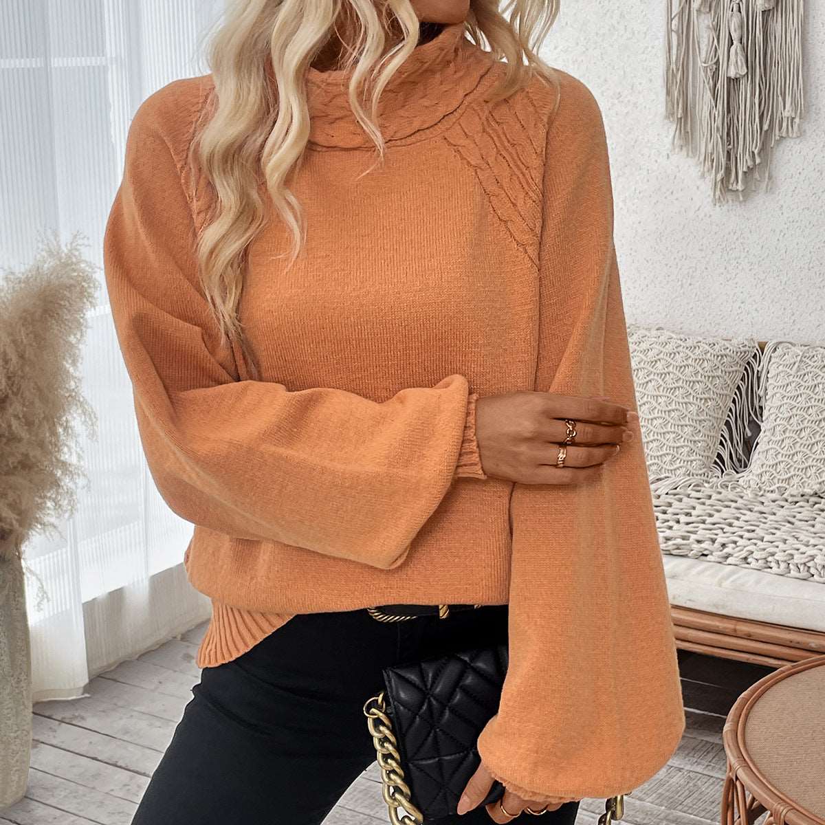 Women's casual turtleneck sweater with twisted weaving and princess sleeves