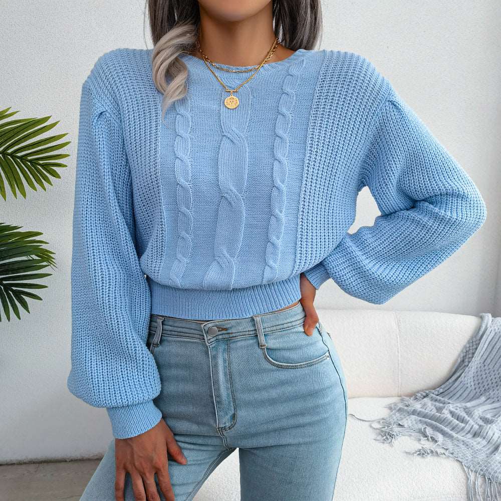 Leisure twist lantern sleeve knitted sweater with waist trimming for women