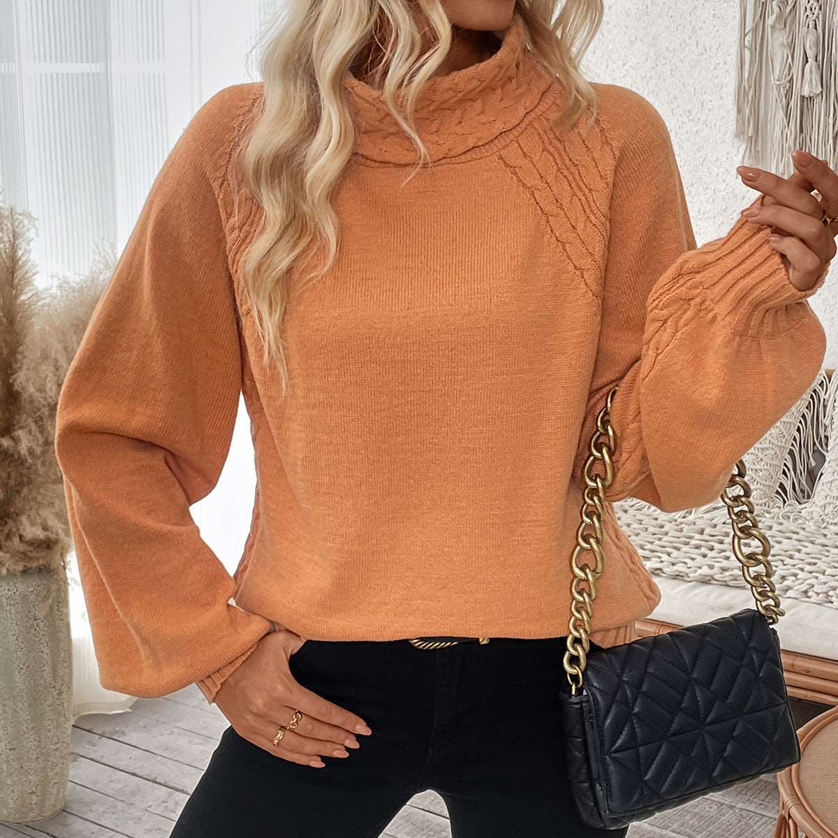 Women's casual turtleneck sweater with twisted weaving and princess sleeves