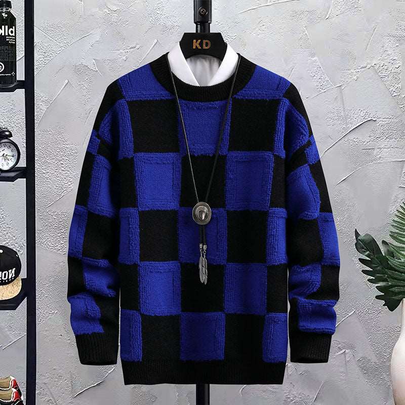 Men's trendy loose plaid round neck sweater