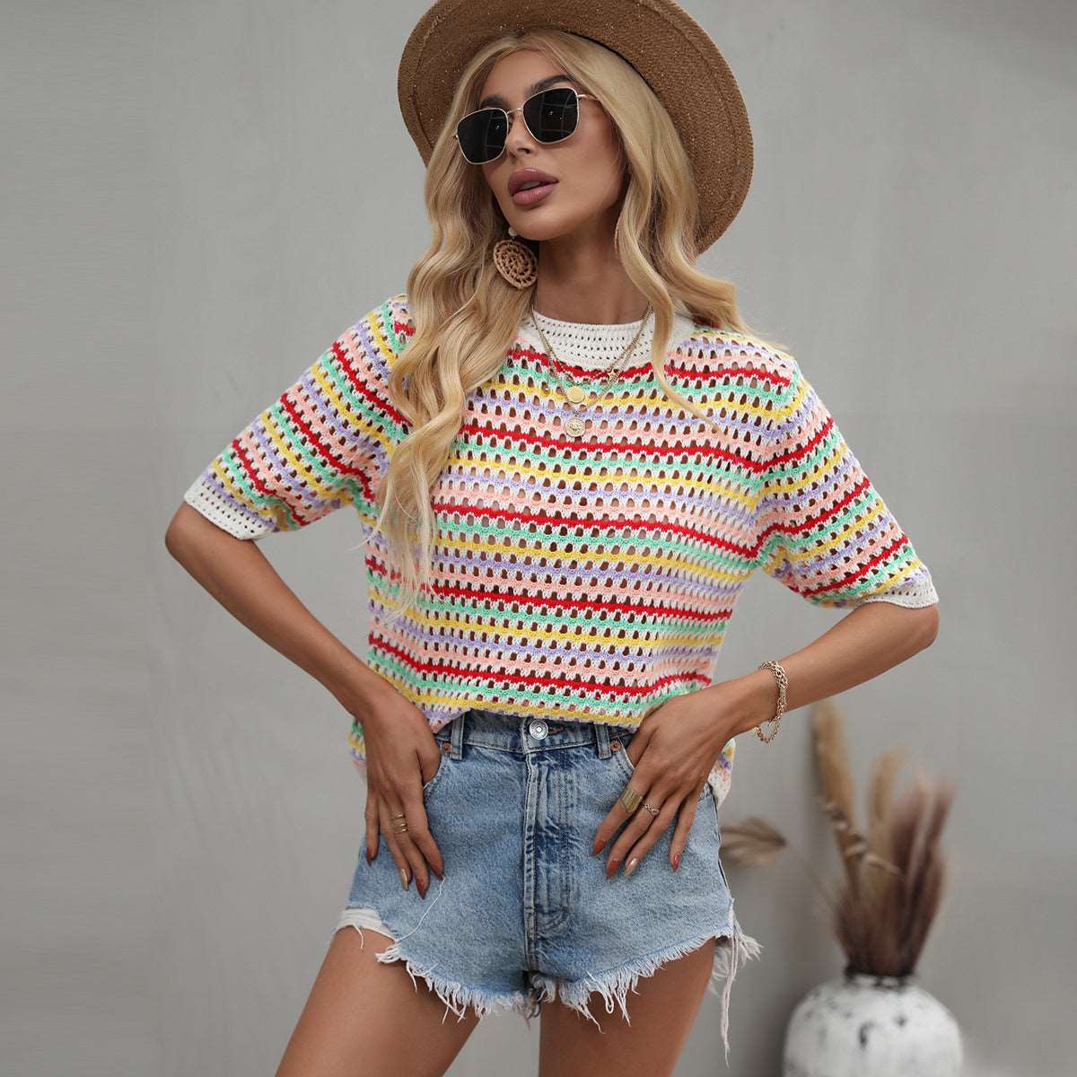 Womens stitching hollow knitted loose striped sweater