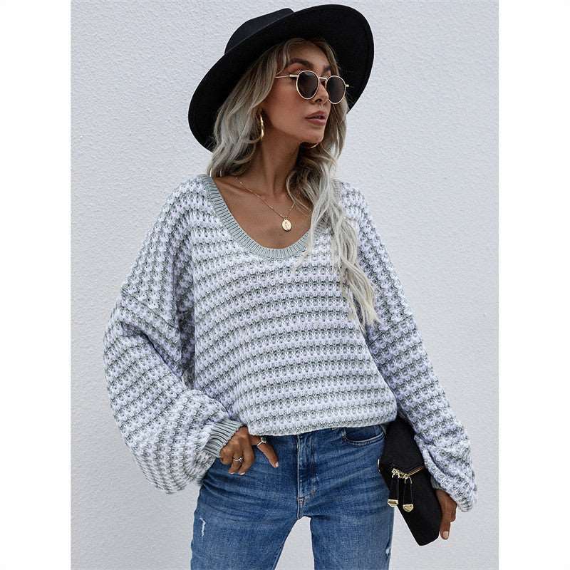 "Striped V-neck Women's Sweater."