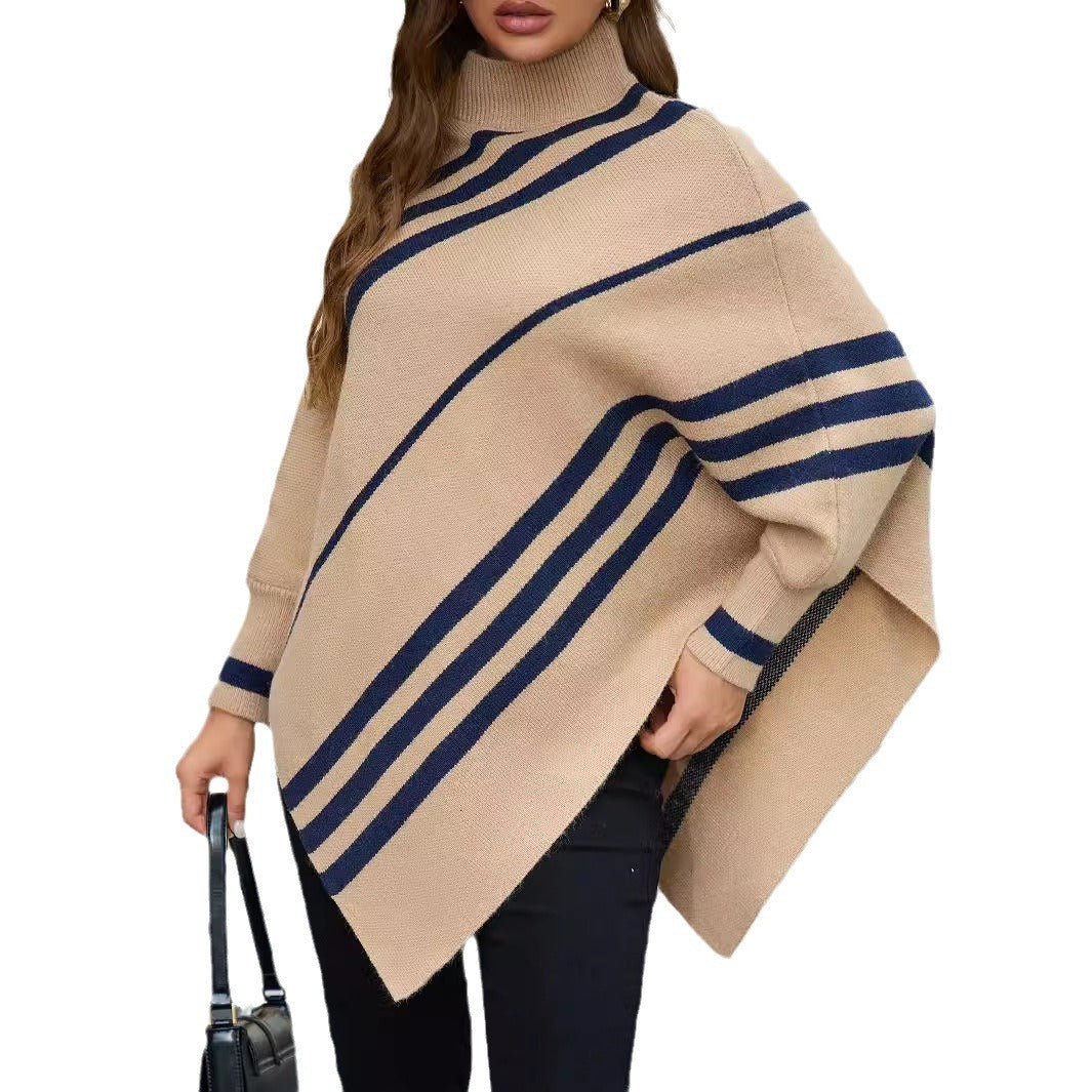 Striped cashmere cape sweater for women with batwing sleeves and a half-turtleneck