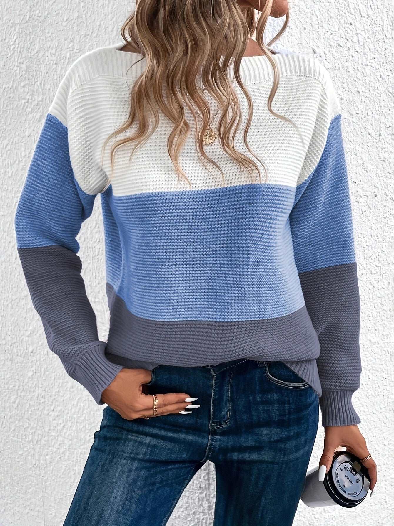 "Women's round neck splicing knitwear loose top wool sweater"