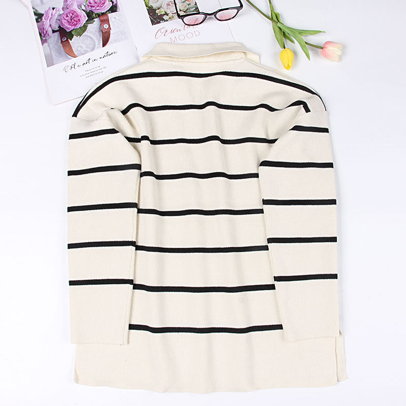 Women's loose V-neck sweater with color-matching stripes