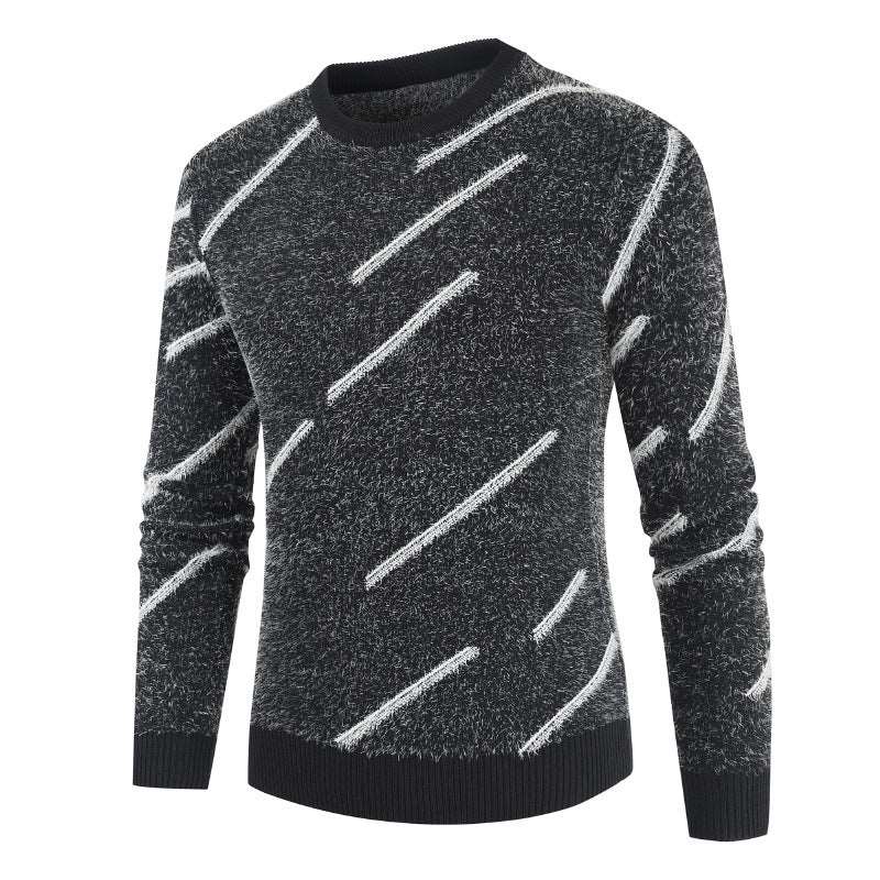 Men's slim-fit mohair sweater with a round neck and parallel lines pattern