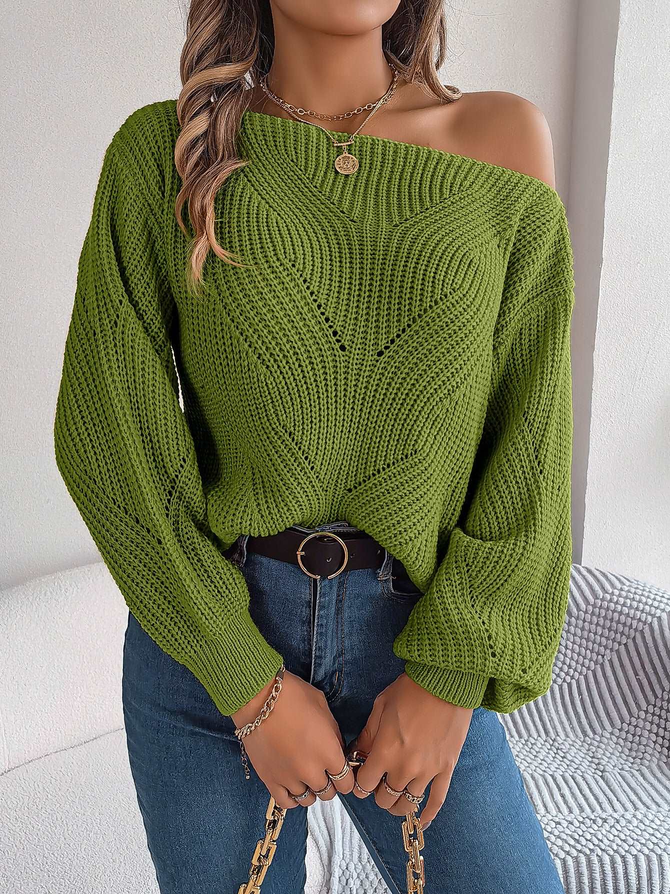 "Women's casual sweater with hollow-out off-neck and off-the-shoulder lantern sleeves."