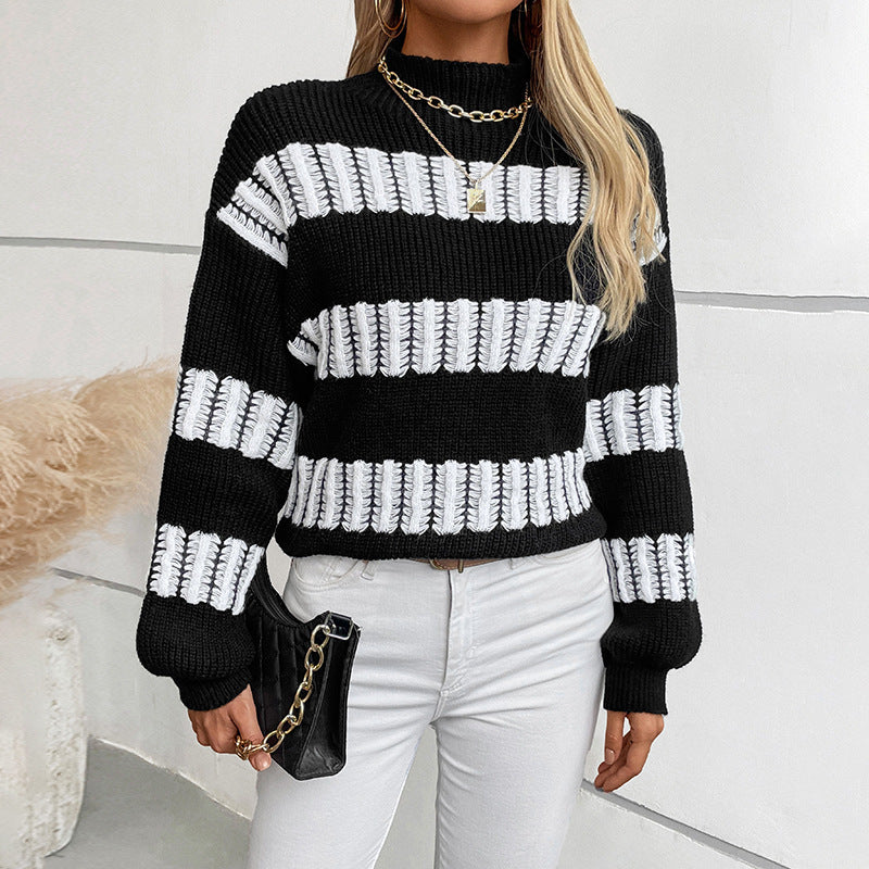 Women's casual half-turtleneck sweater with color-matching design