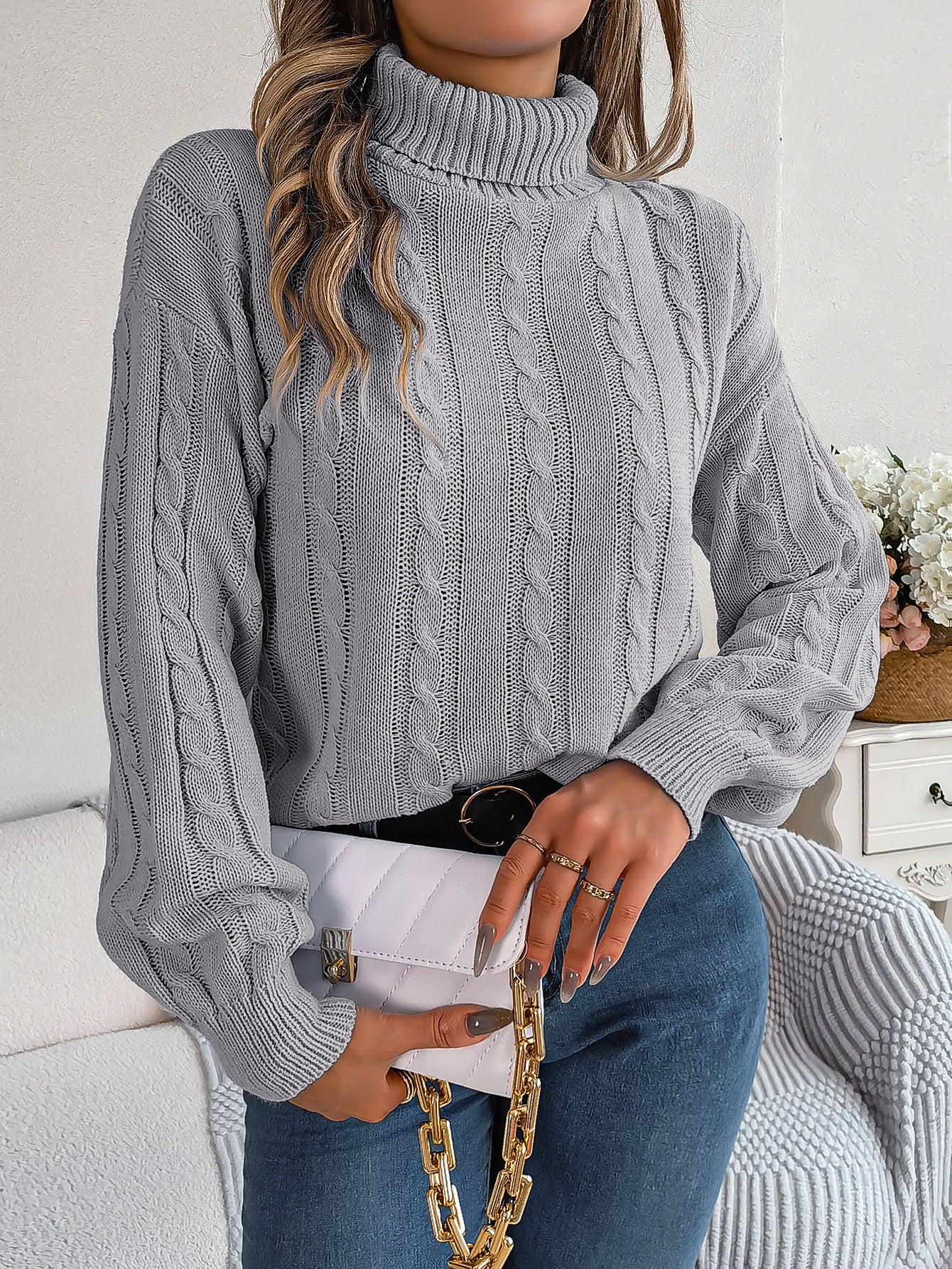 Women's classic casual twist-knit turtleneck sweater in solid color