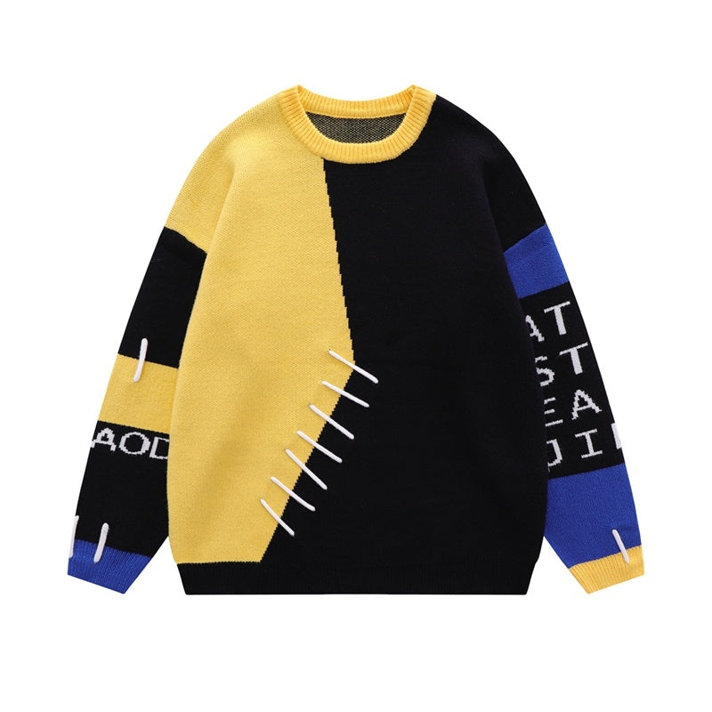 Men's retro color-block unique design sweater