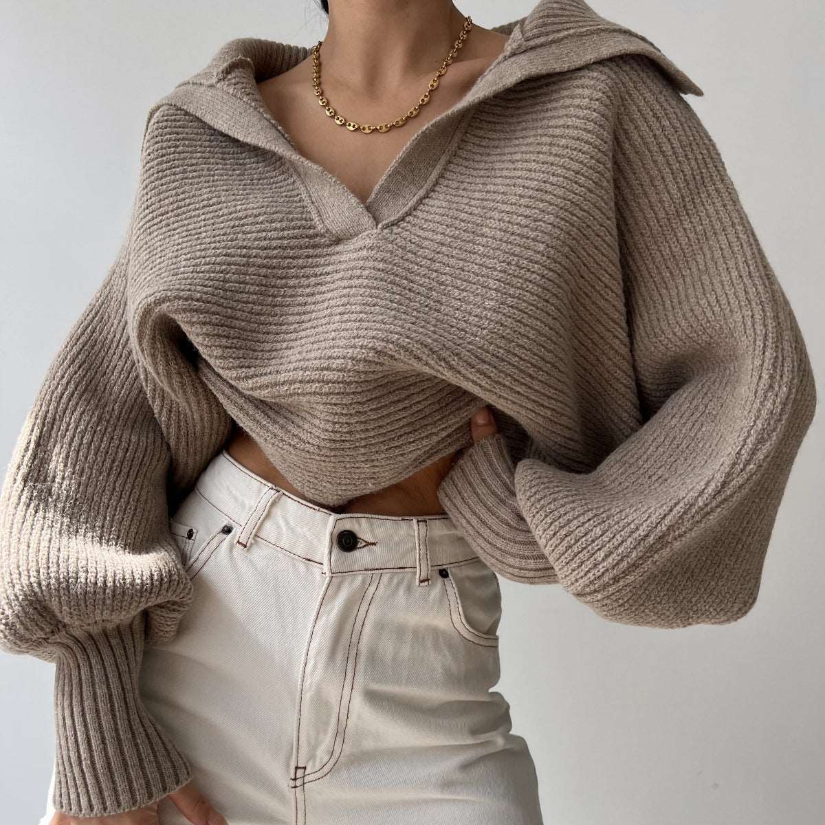 Lapel pullover knitted sweater for women's