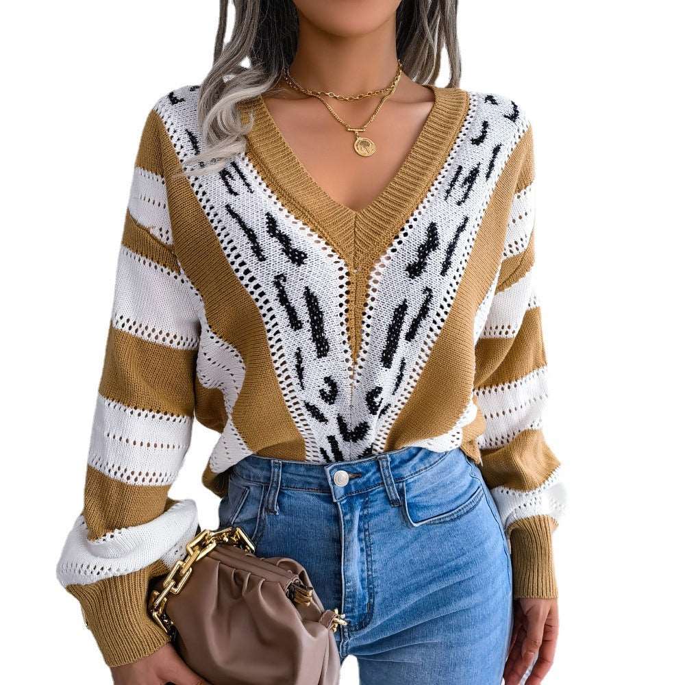 Women's V-neck knitted leopard pattern stylish sweater