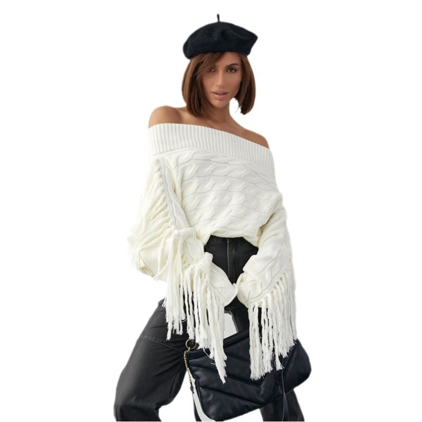 Elegant pure colour women's sweater with woollen tassel design