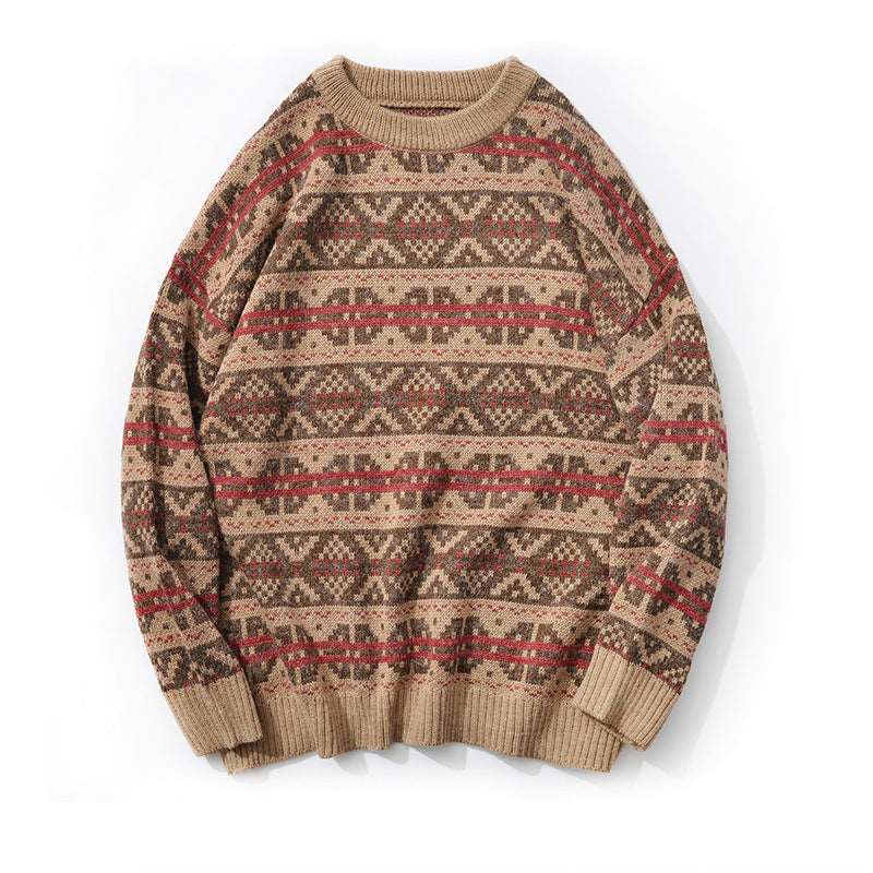 Men's loose knitted sweater featuring geometric pattern trend