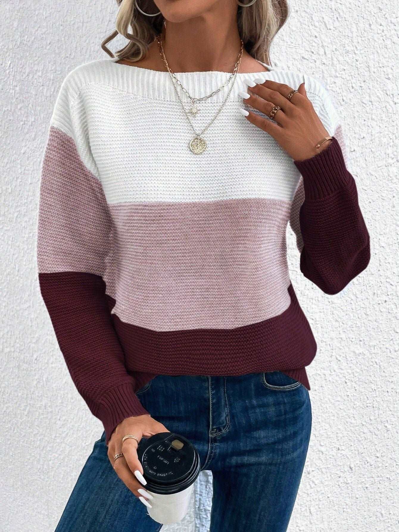 "Women's round neck splicing knitwear loose top wool sweater"