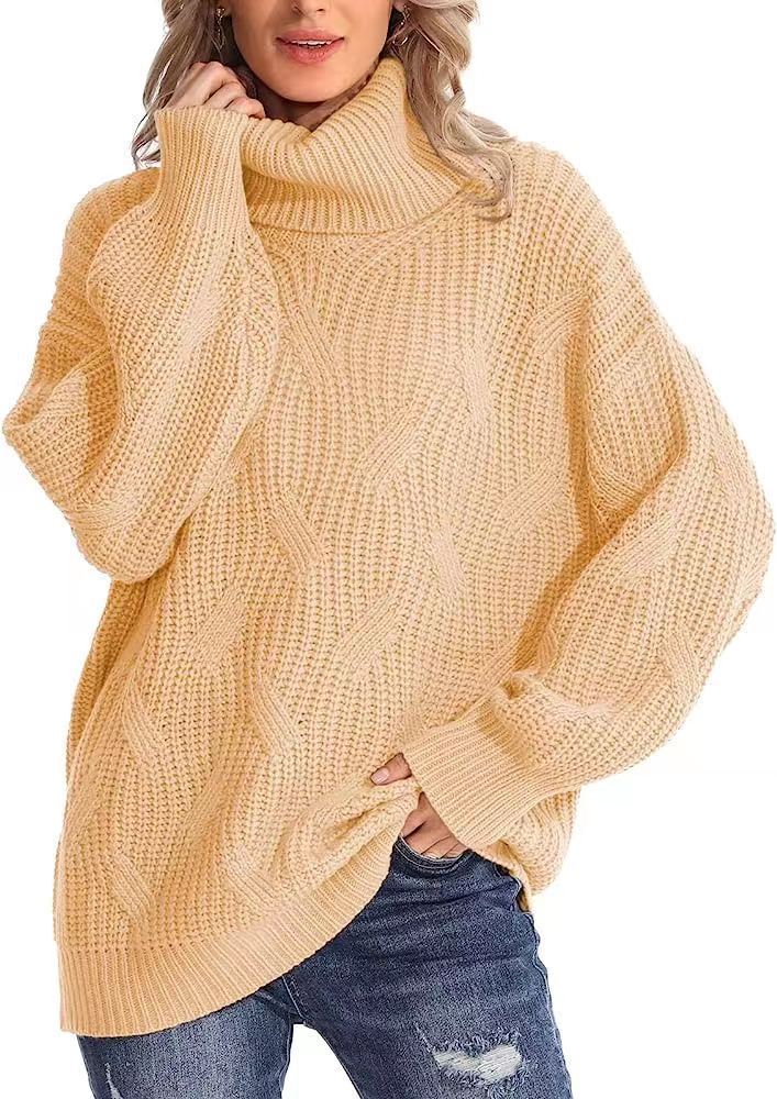 Women's loose high-collar twisted knitted sweater pullover with long sleeves