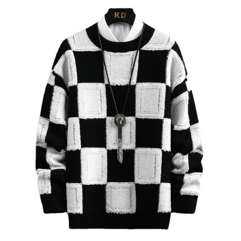 Men's trendy loose plaid round neck sweater