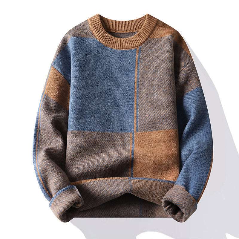 "Men's round neck thickened sweater with geometric, long sleeves, knitted."