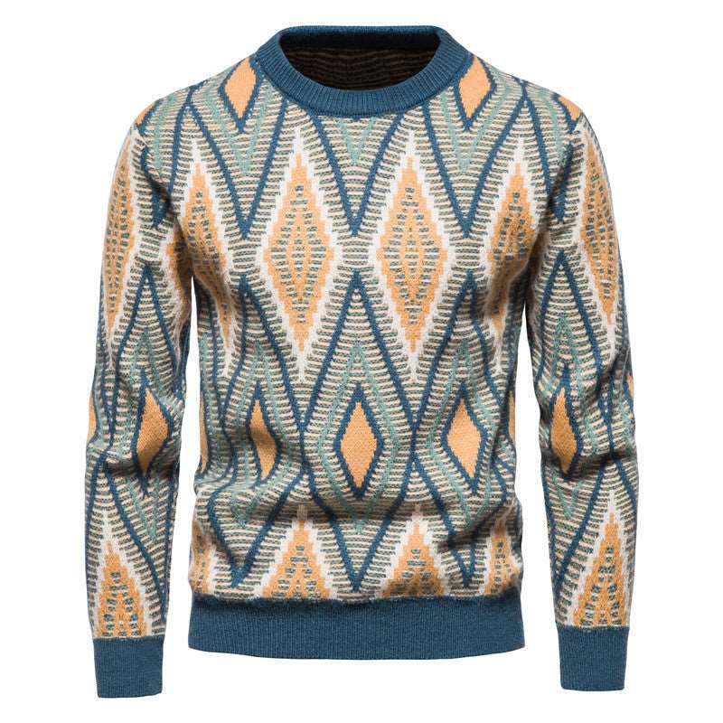 Fashionable men's slim jacquard sweater knitted top with geometric pattern