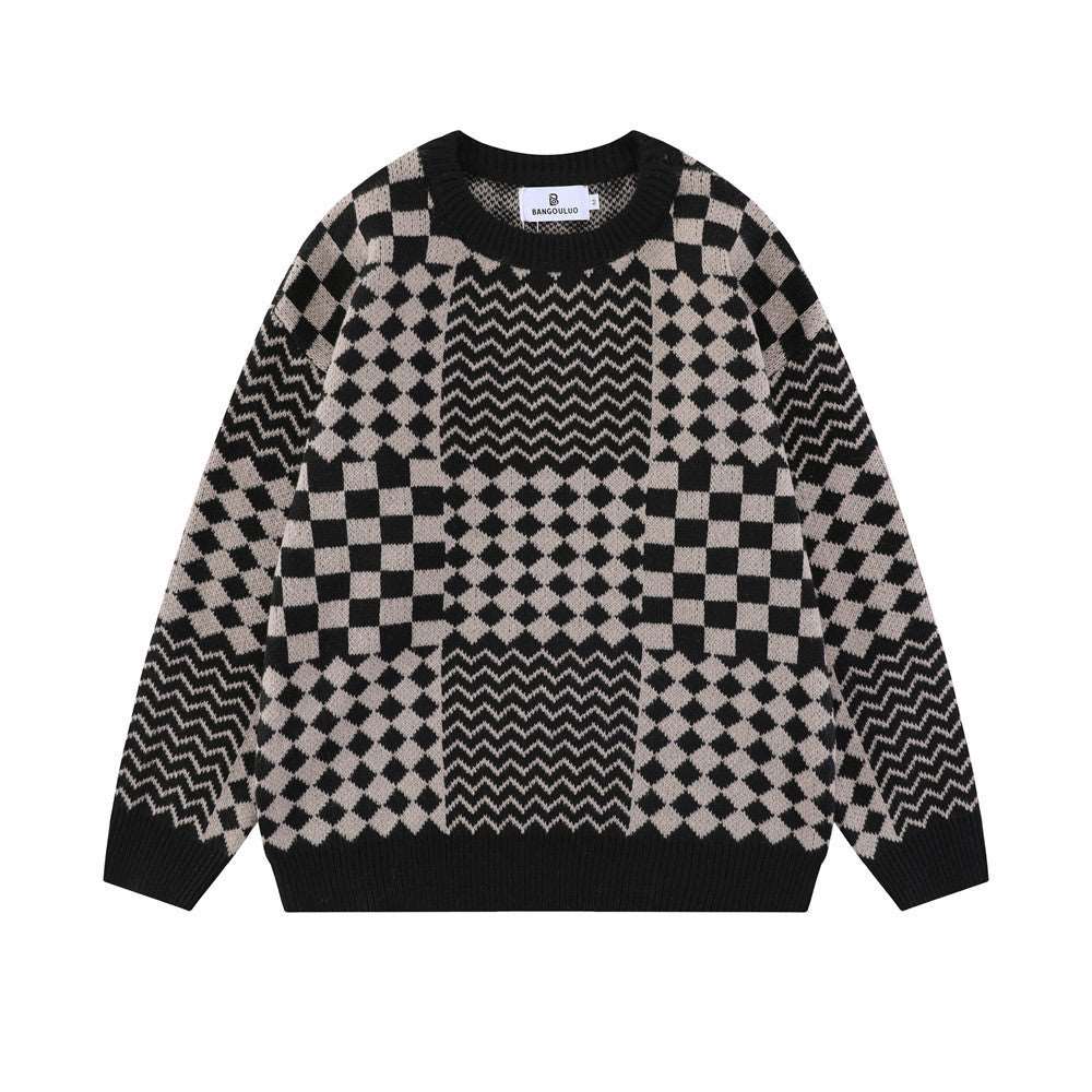 Men's checkerboard knitted pullover sweater