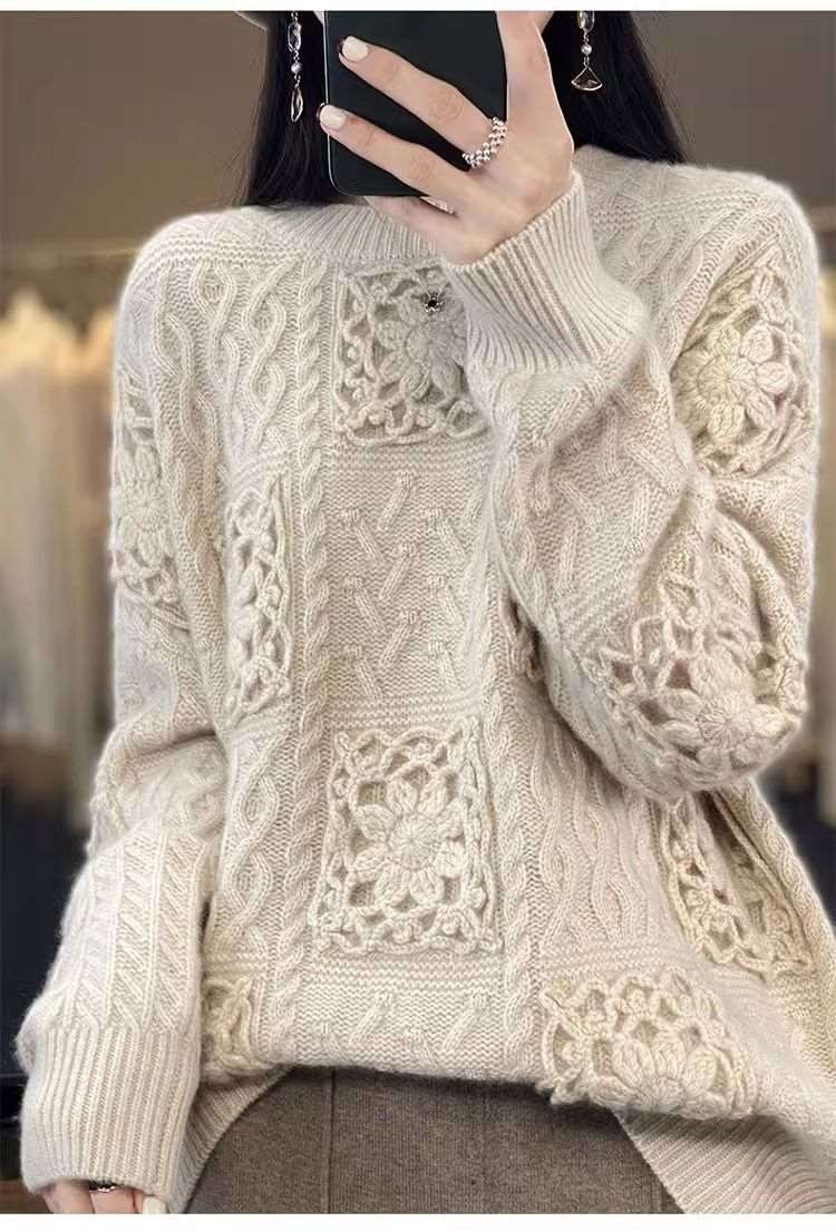 "Women's round neck crocheted hollow knit sweater."