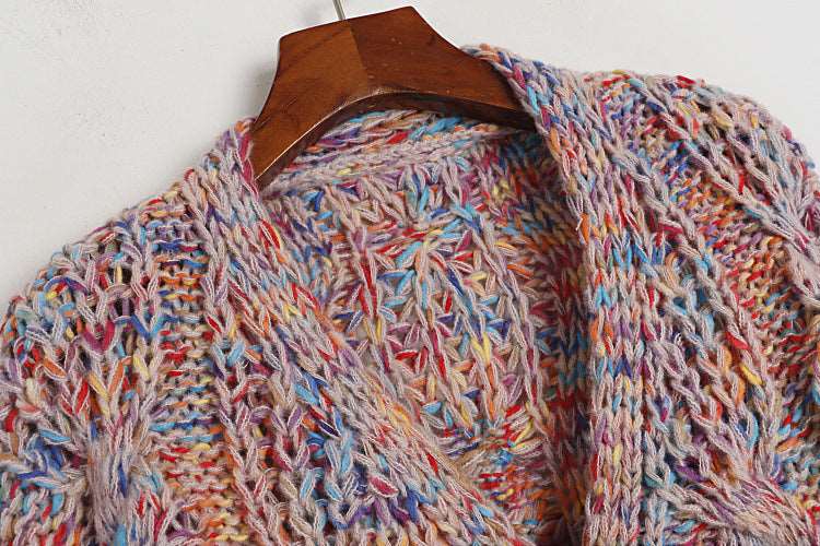 Women's V-neck sweater, hand-crocheted with colourful knitting needles!!!