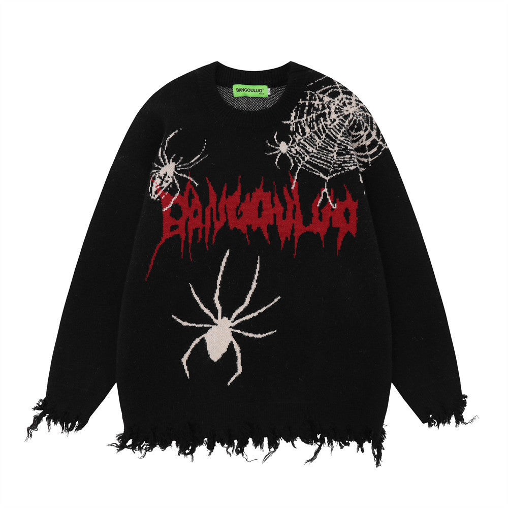 Men's sweater designed with a spider appliqué and a ripped fabric style