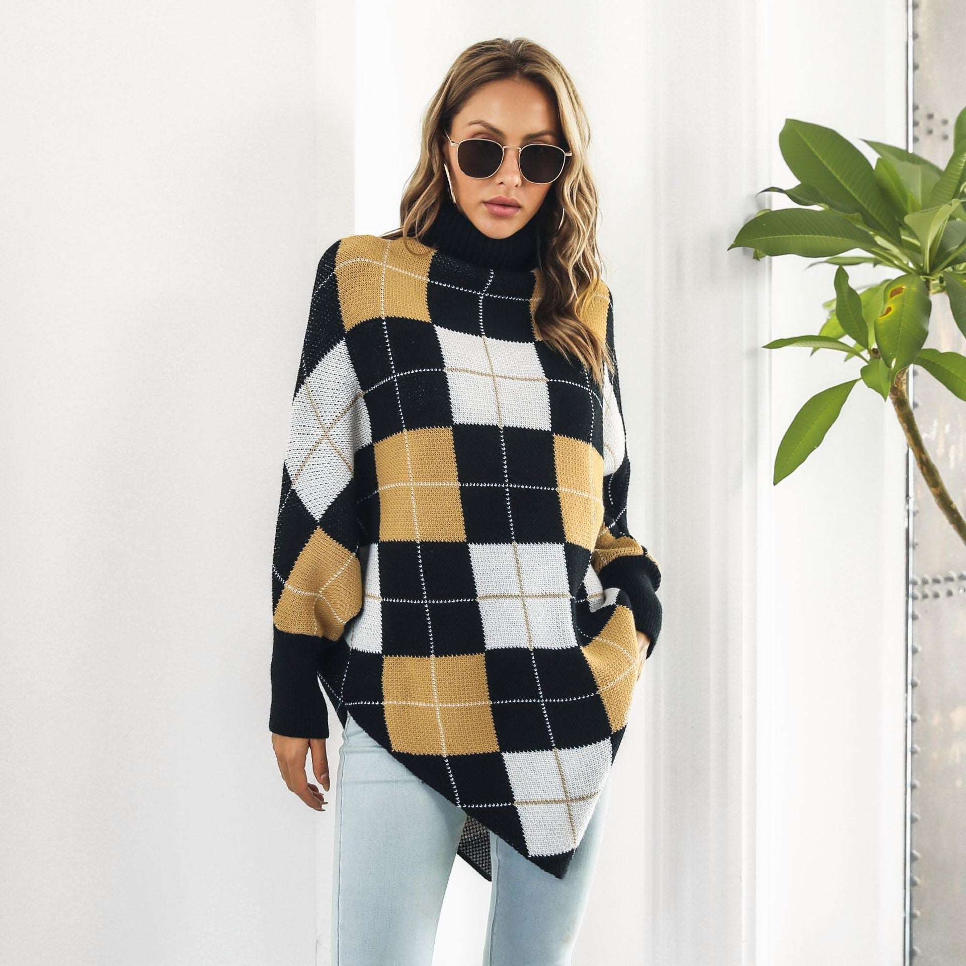 "Women's mid-length plaid jacquard cape sweater coat."