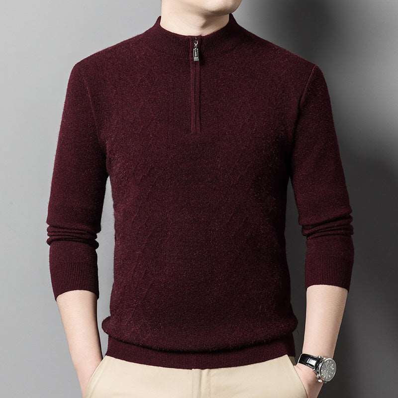 Men's half-zip thick wool sweater with turtleneck