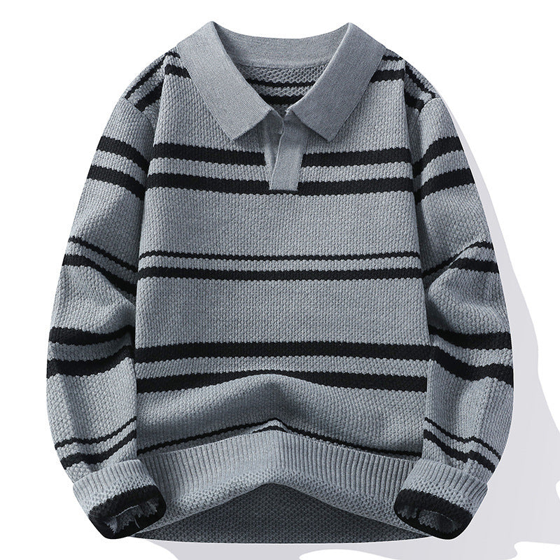 Men's comfortable striped sweater featuring an open collar and no buttons