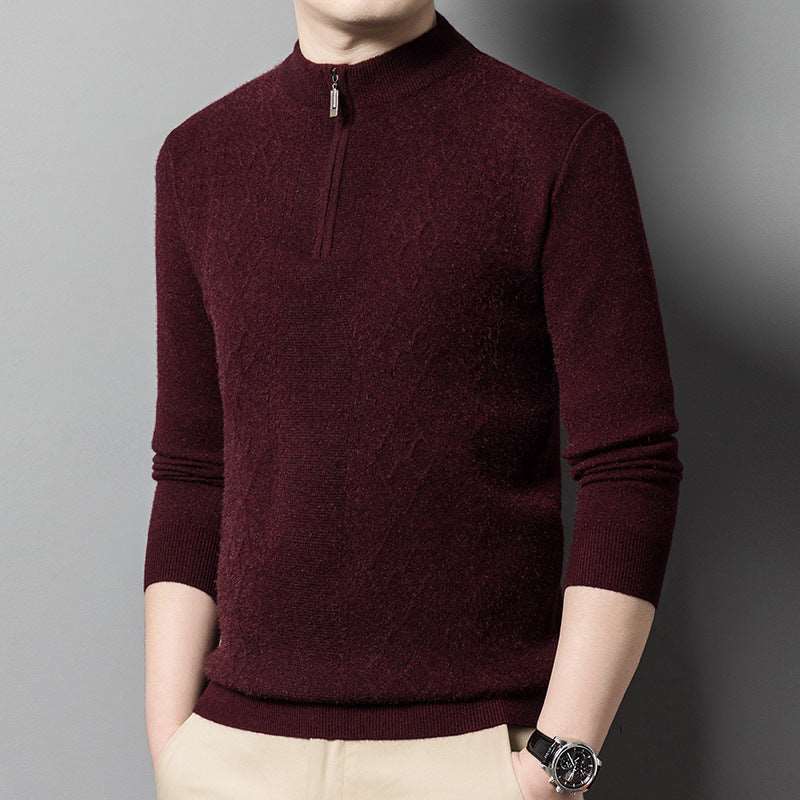 Men's half-zip thick wool sweater with turtleneck