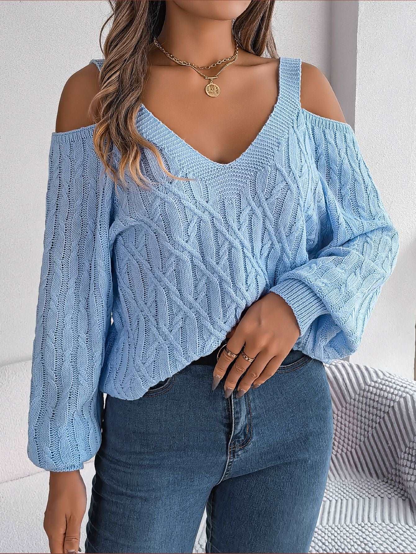 "Off-the-shoulder twist lantern sleeve women's sweaters."